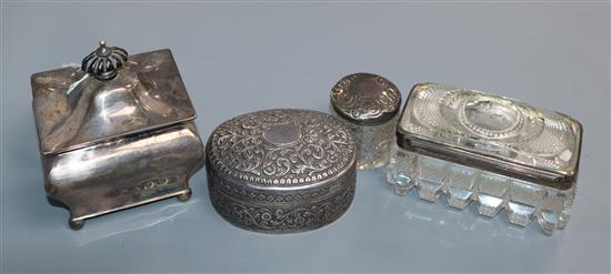 A late Victorian silver tea caddy, Birmingham, 1895, a George IV silver gilt mounted cut glass toilet box & two other boxes.